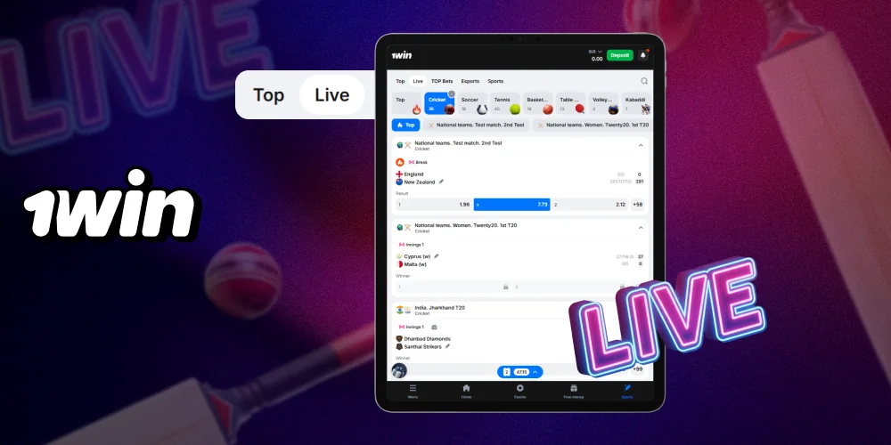 1Win offers players from India live betting on Cricket